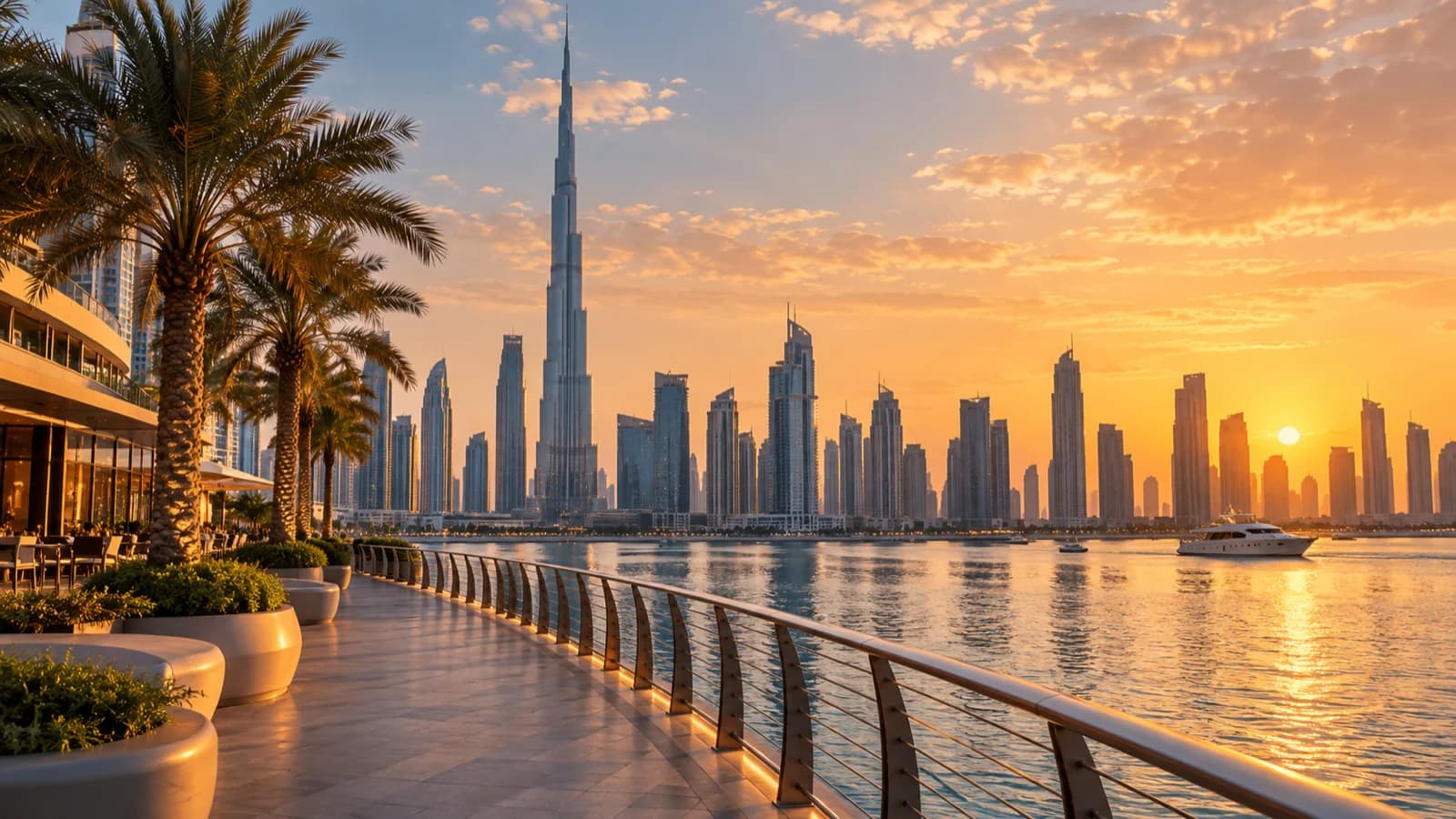 Dubai waterfront skyline at golden hour
